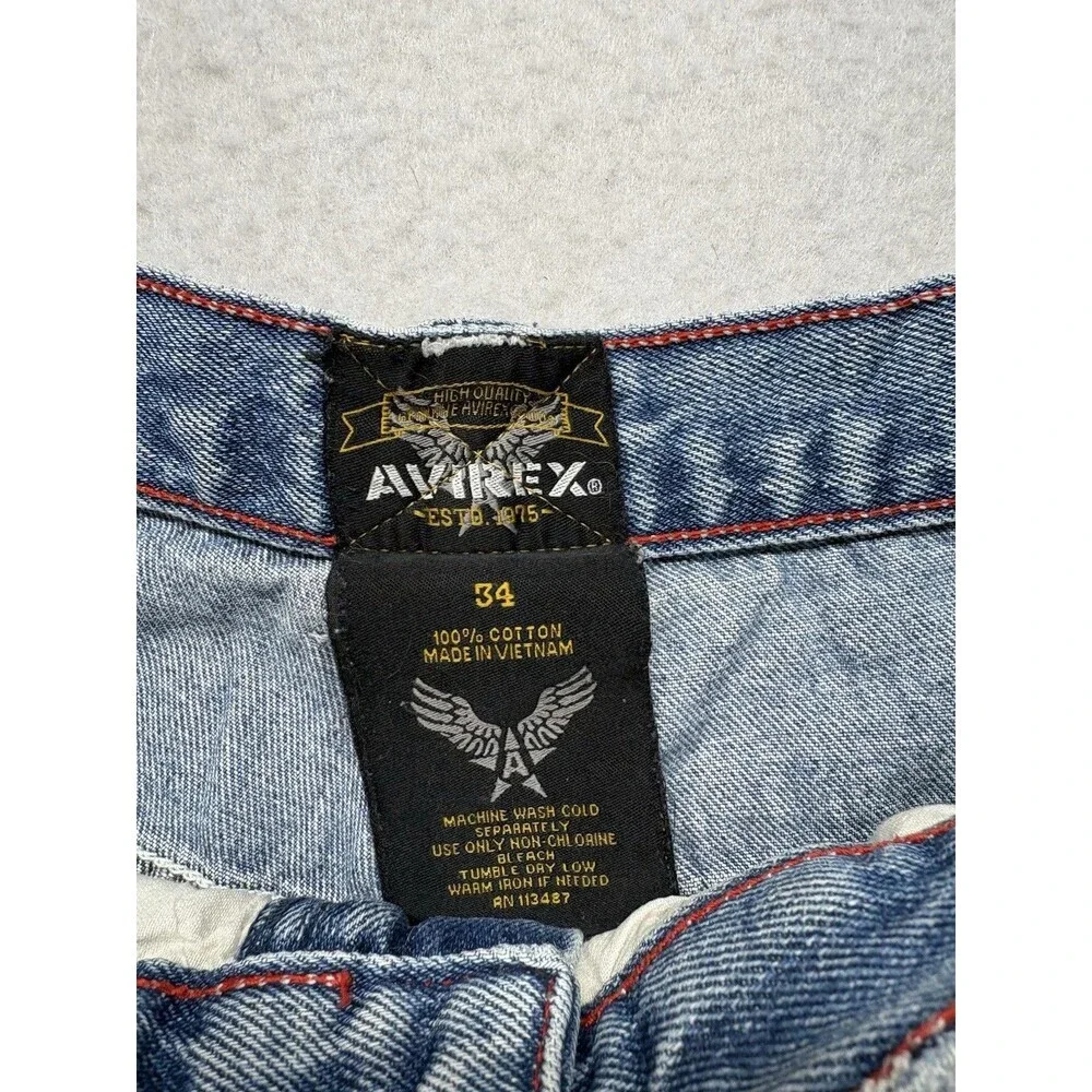 Avirex Jean Shorts Mens 34 Blue Denim Jorts Embroidered Vintage y2k Baggy Skater